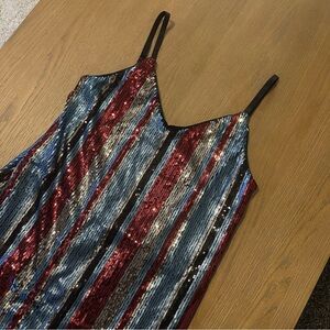 As U Wish Red, Blue & Silver Sequin Striped Midi Dress